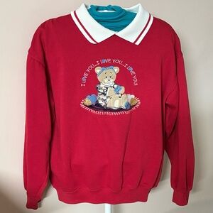 Vintage Embroidered Red/white Collared "I Love You" Teddy Bear Sweater